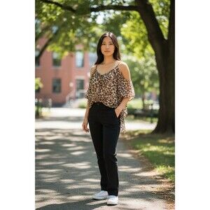 FREE 2 LUV WOMEMS M LEOPARD PRINT SHEER TOP